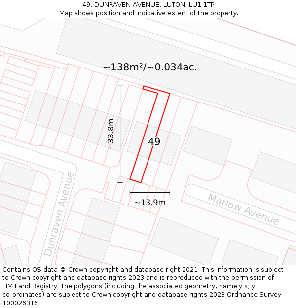 49, DUNRAVEN AVENUE, LUTON, LU1 1TP: Plot and title map