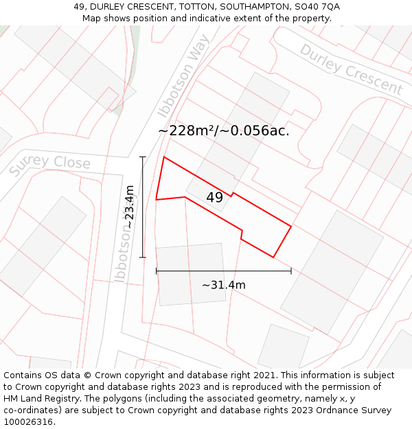 49, DURLEY CRESCENT, TOTTON, SOUTHAMPTON, SO40 7QA: Plot and title map