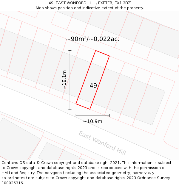 49, EAST WONFORD HILL, EXETER, EX1 3BZ: Plot and title map