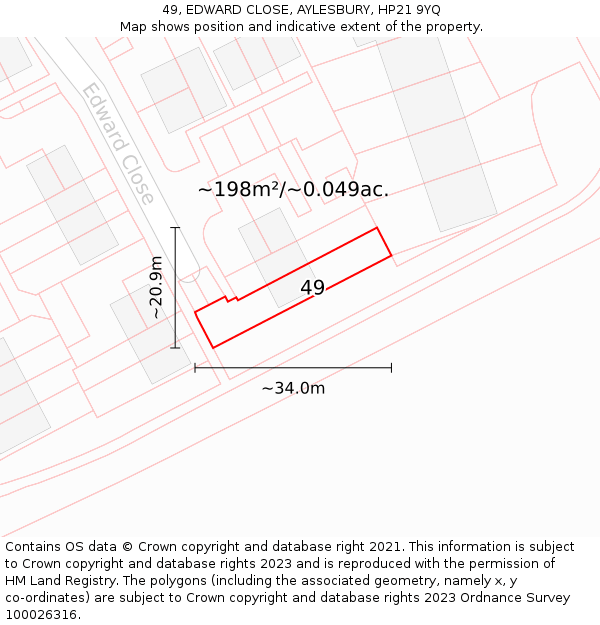 49, EDWARD CLOSE, AYLESBURY, HP21 9YQ: Plot and title map