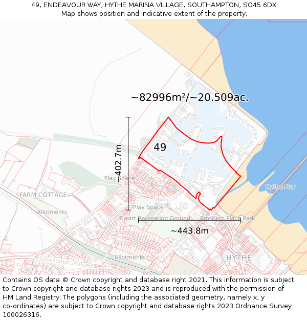 49, ENDEAVOUR WAY, HYTHE MARINA VILLAGE, SOUTHAMPTON, SO45 6DX: Plot and title map