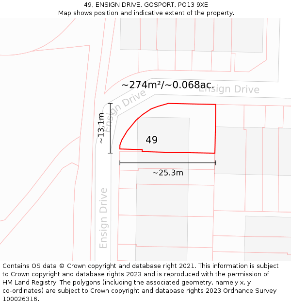 49, ENSIGN DRIVE, GOSPORT, PO13 9XE: Plot and title map