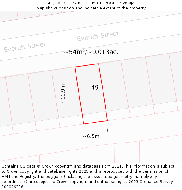 49, EVERETT STREET, HARTLEPOOL, TS26 0JA: Plot and title map
