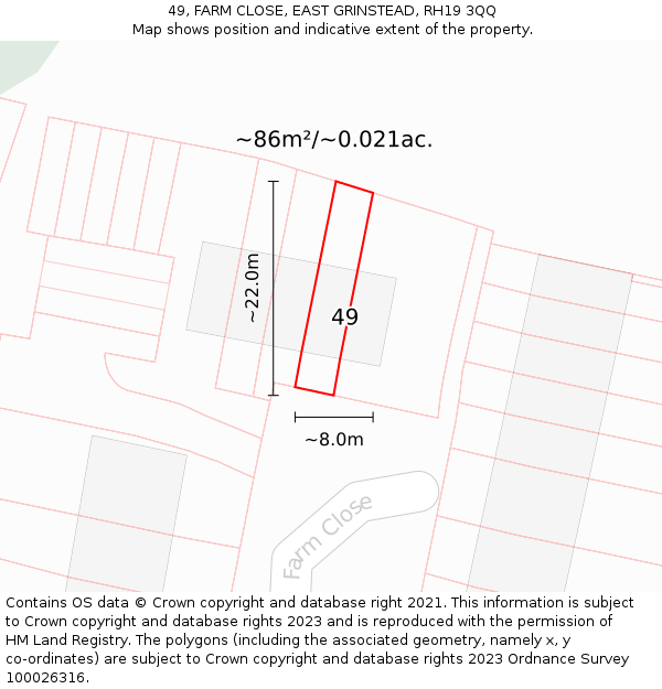 49, FARM CLOSE, EAST GRINSTEAD, RH19 3QQ: Plot and title map