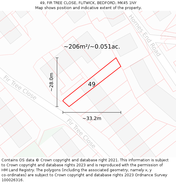 49, FIR TREE CLOSE, FLITWICK, BEDFORD, MK45 1NY: Plot and title map