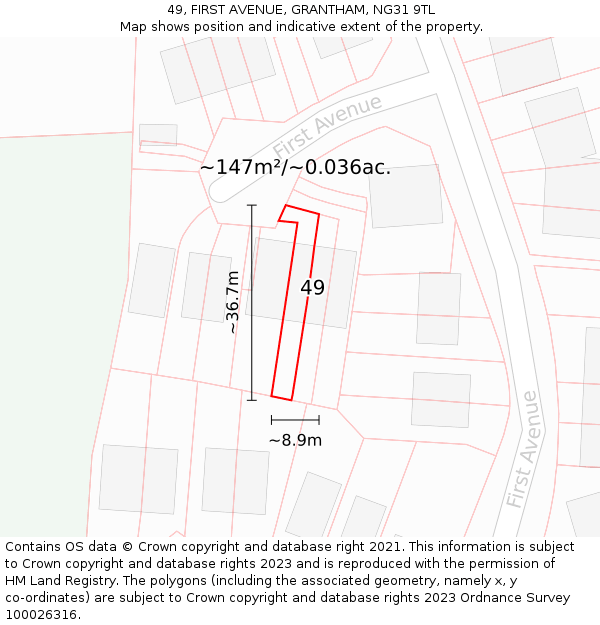 49, FIRST AVENUE, GRANTHAM, NG31 9TL: Plot and title map