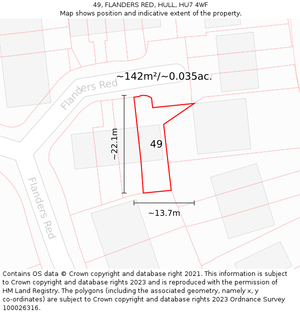 49, FLANDERS RED, HULL, HU7 4WF: Plot and title map