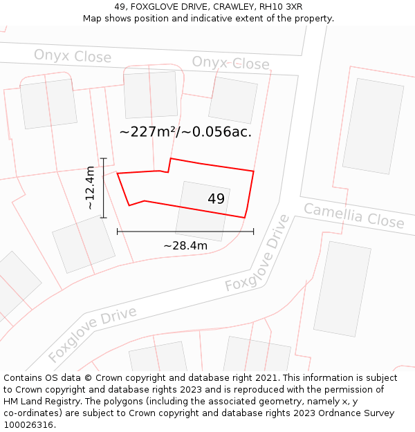 49, FOXGLOVE DRIVE, CRAWLEY, RH10 3XR: Plot and title map