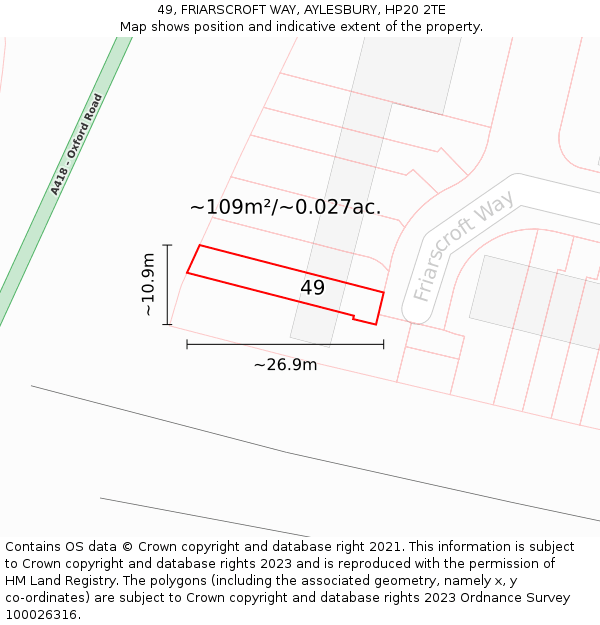 49, FRIARSCROFT WAY, AYLESBURY, HP20 2TE: Plot and title map