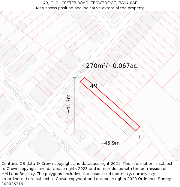 49, GLOUCESTER ROAD, TROWBRIDGE, BA14 0AB: Plot and title map