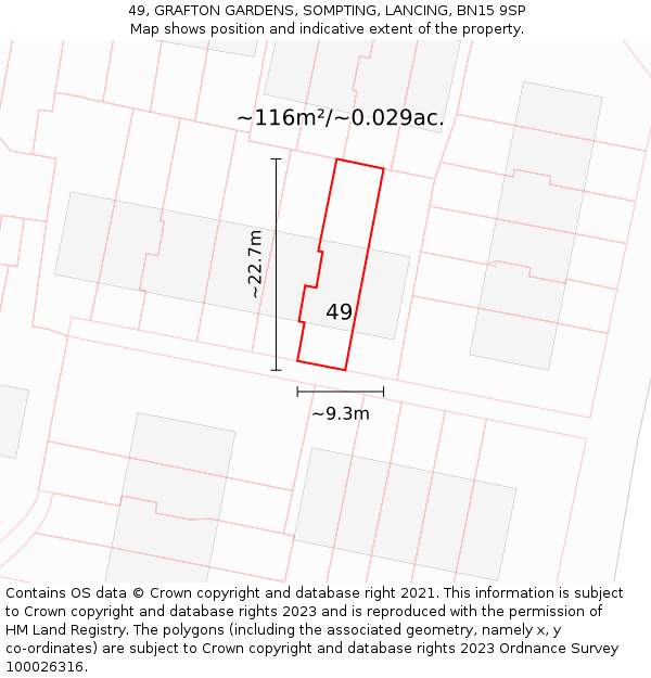 49, GRAFTON GARDENS, SOMPTING, LANCING, BN15 9SP: Plot and title map