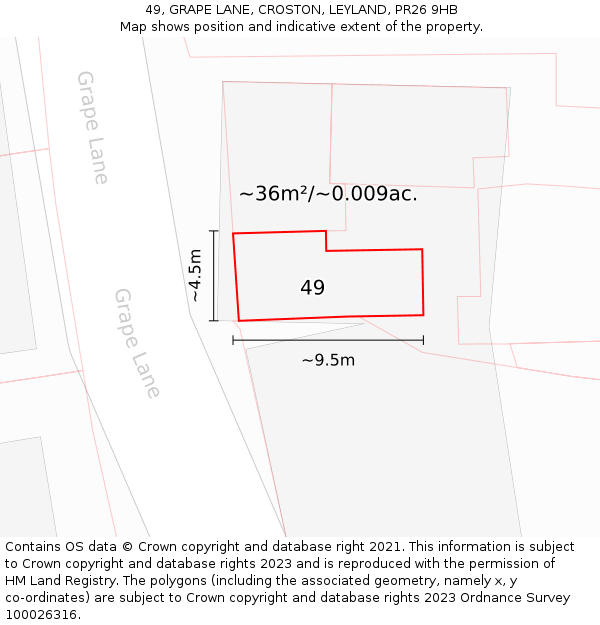 49, GRAPE LANE, CROSTON, LEYLAND, PR26 9HB: Plot and title map