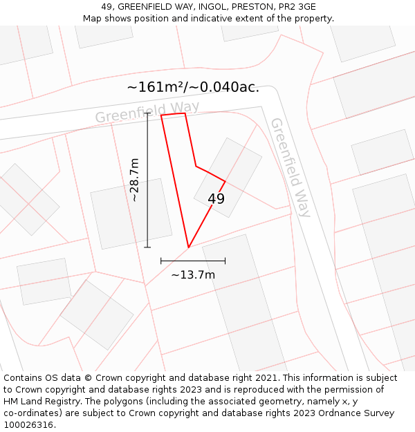 49, GREENFIELD WAY, INGOL, PRESTON, PR2 3GE: Plot and title map