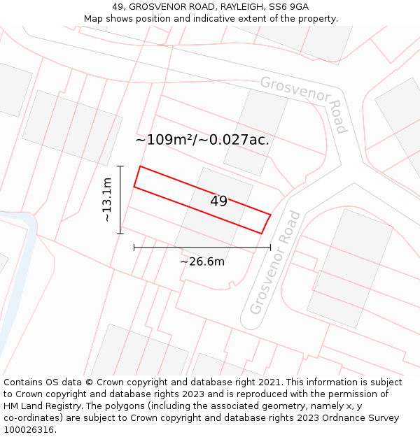 49, GROSVENOR ROAD, RAYLEIGH, SS6 9GA: Plot and title map