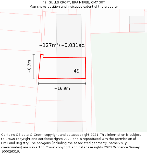 49, GULLS CROFT, BRAINTREE, CM7 3RT: Plot and title map