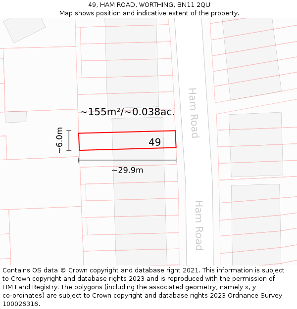 49, HAM ROAD, WORTHING, BN11 2QU: Plot and title map