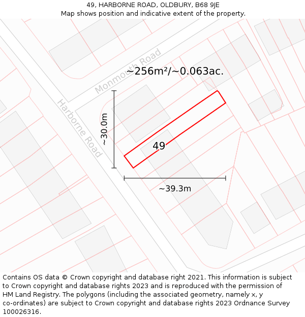 49, HARBORNE ROAD, OLDBURY, B68 9JE: Plot and title map