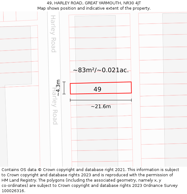 49, HARLEY ROAD, GREAT YARMOUTH, NR30 4JT: Plot and title map