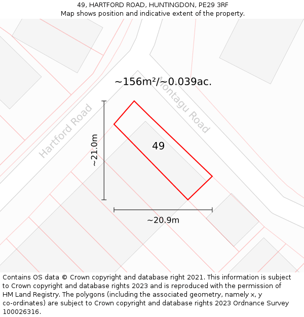 49, HARTFORD ROAD, HUNTINGDON, PE29 3RF: Plot and title map