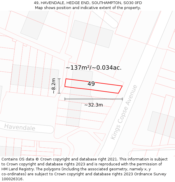 49, HAVENDALE, HEDGE END, SOUTHAMPTON, SO30 0FD: Plot and title map