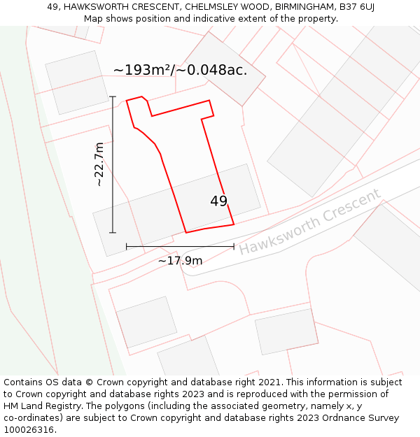 49, HAWKSWORTH CRESCENT, CHELMSLEY WOOD, BIRMINGHAM, B37 6UJ: Plot and title map