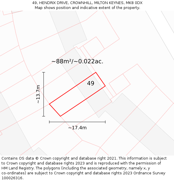 49, HENDRIX DRIVE, CROWNHILL, MILTON KEYNES, MK8 0DX: Plot and title map