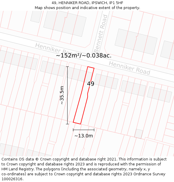 49, HENNIKER ROAD, IPSWICH, IP1 5HF: Plot and title map