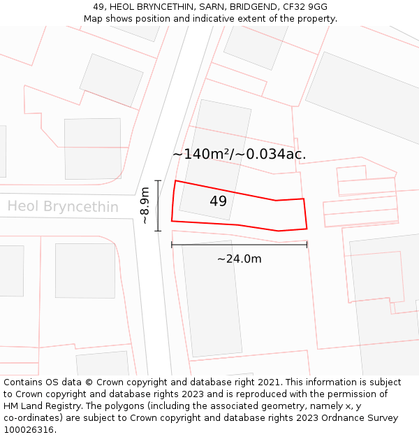 49, HEOL BRYNCETHIN, SARN, BRIDGEND, CF32 9GG: Plot and title map
