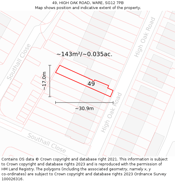 49, HIGH OAK ROAD, WARE, SG12 7PB: Plot and title map