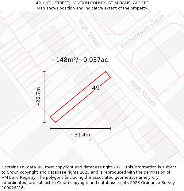 49, HIGH STREET, LONDON COLNEY, ST ALBANS, AL2 1RF: Plot and title map