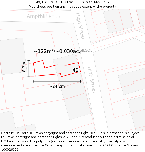49, HIGH STREET, SILSOE, BEDFORD, MK45 4EP: Plot and title map