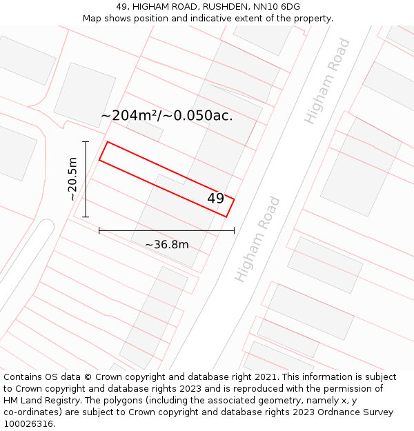 49, HIGHAM ROAD, RUSHDEN, NN10 6DG: Plot and title map