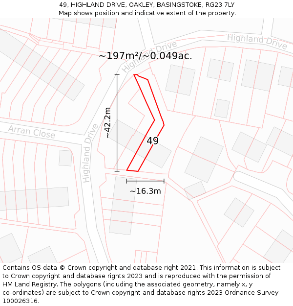 49, HIGHLAND DRIVE, OAKLEY, BASINGSTOKE, RG23 7LY: Plot and title map