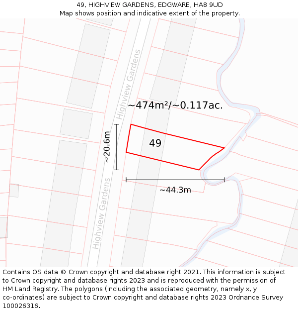 49, HIGHVIEW GARDENS, EDGWARE, HA8 9UD: Plot and title map
