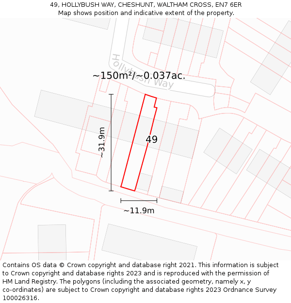 49, HOLLYBUSH WAY, CHESHUNT, WALTHAM CROSS, EN7 6ER: Plot and title map