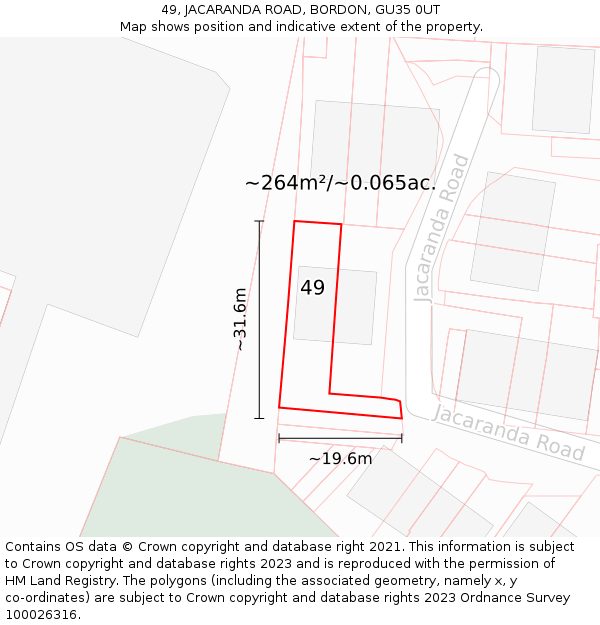49, JACARANDA ROAD, BORDON, GU35 0UT: Plot and title map