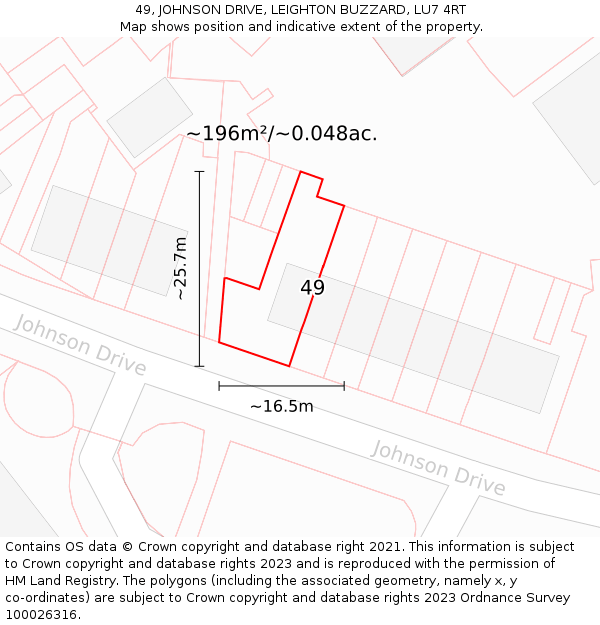 49, JOHNSON DRIVE, LEIGHTON BUZZARD, LU7 4RT: Plot and title map