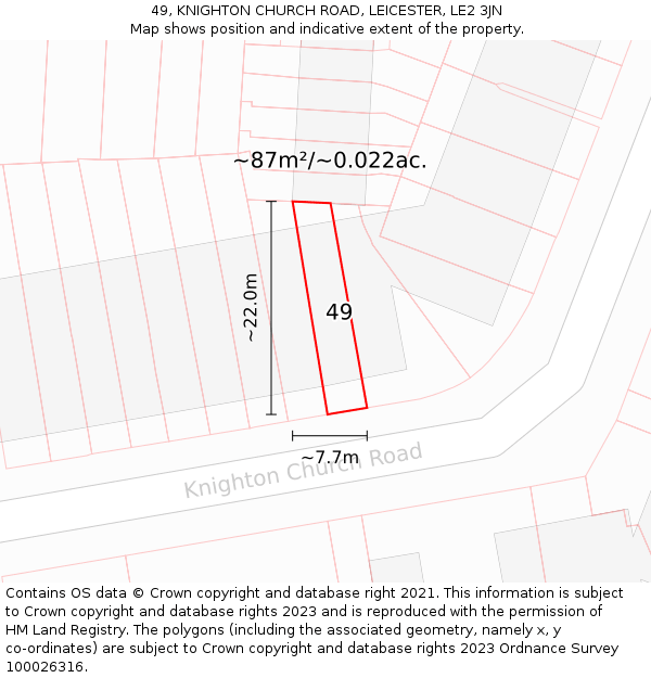49, KNIGHTON CHURCH ROAD, LEICESTER, LE2 3JN: Plot and title map