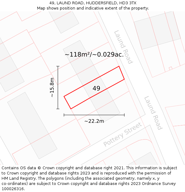 49, LAUND ROAD, HUDDERSFIELD, HD3 3TX: Plot and title map