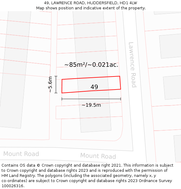 49, LAWRENCE ROAD, HUDDERSFIELD, HD1 4LW: Plot and title map
