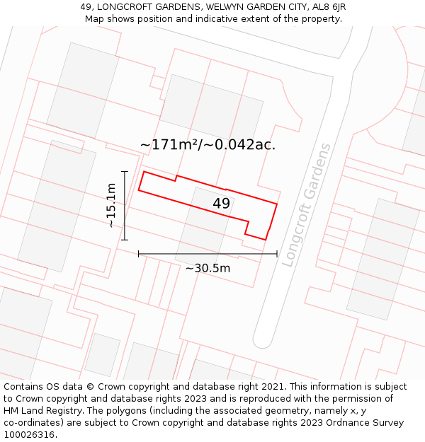 49, LONGCROFT GARDENS, WELWYN GARDEN CITY, AL8 6JR: Plot and title map