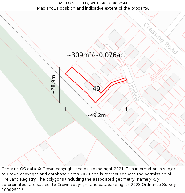 49, LONGFIELD, WITHAM, CM8 2SN: Plot and title map