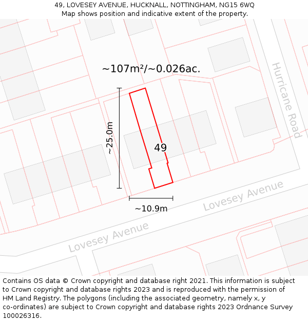 49, LOVESEY AVENUE, HUCKNALL, NOTTINGHAM, NG15 6WQ: Plot and title map