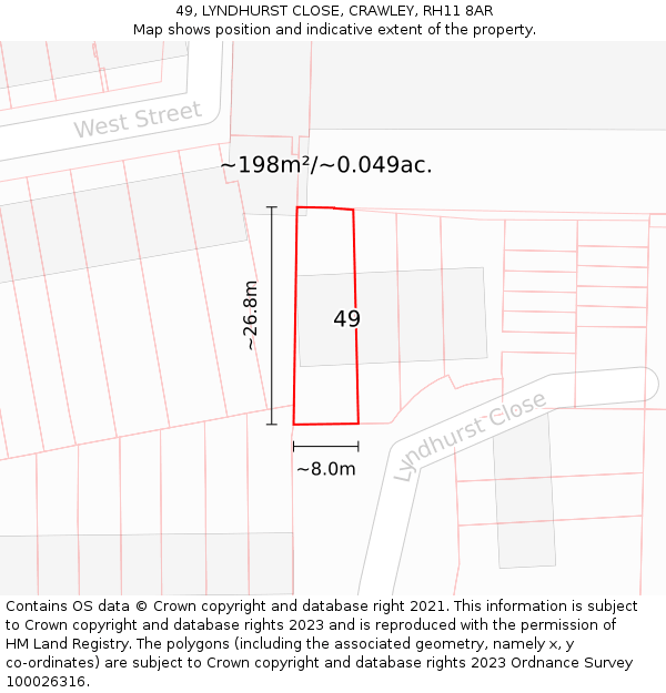 49, LYNDHURST CLOSE, CRAWLEY, RH11 8AR: Plot and title map