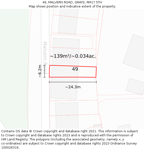 49, MALVERN ROAD, GRAYS, RM17 5TH: Plot and title map