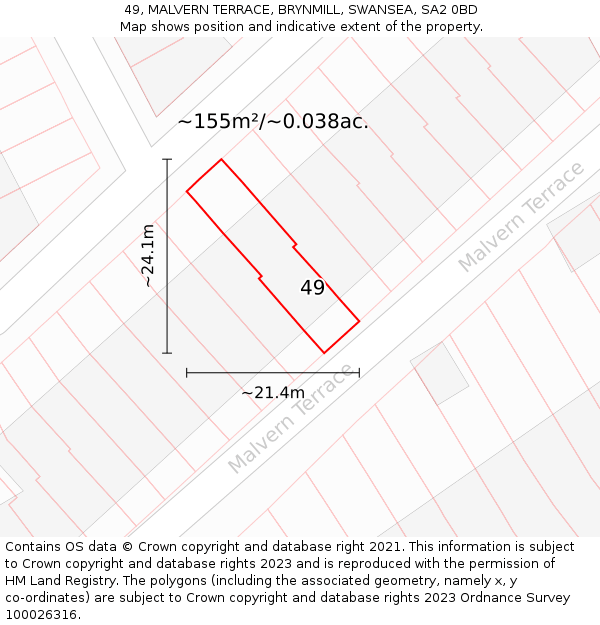 49, MALVERN TERRACE, BRYNMILL, SWANSEA, SA2 0BD: Plot and title map
