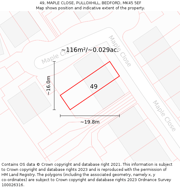 49, MAPLE CLOSE, PULLOXHILL, BEDFORD, MK45 5EF: Plot and title map
