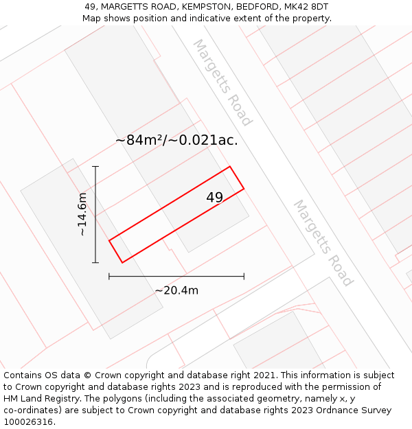 49, MARGETTS ROAD, KEMPSTON, BEDFORD, MK42 8DT: Plot and title map