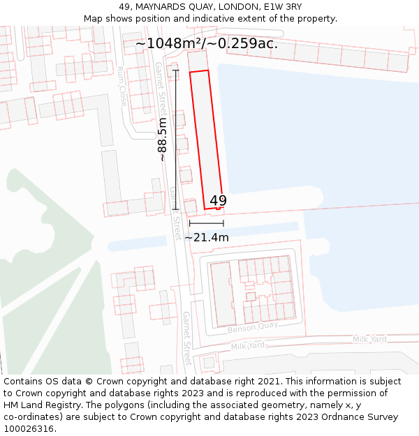 49, MAYNARDS QUAY, LONDON, E1W 3RY: Plot and title map