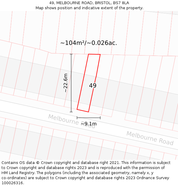 49, MELBOURNE ROAD, BRISTOL, BS7 8LA: Plot and title map